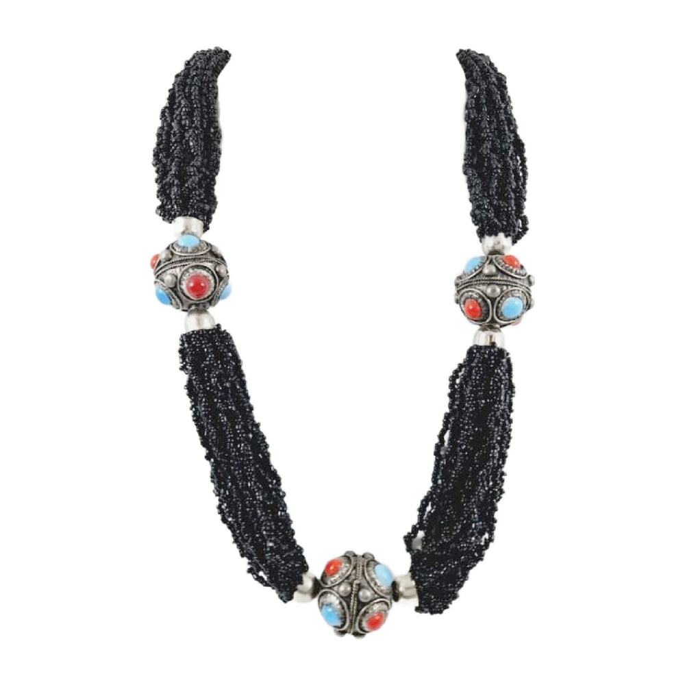 Estate Silver Tibetan Multi Strand Glass Seed Bead Necklace